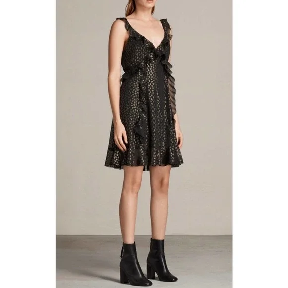 slim fit dress slacks Black Long Gold Sequins Fitted Deep V Neck Ruffle Sleeve Formal Dress